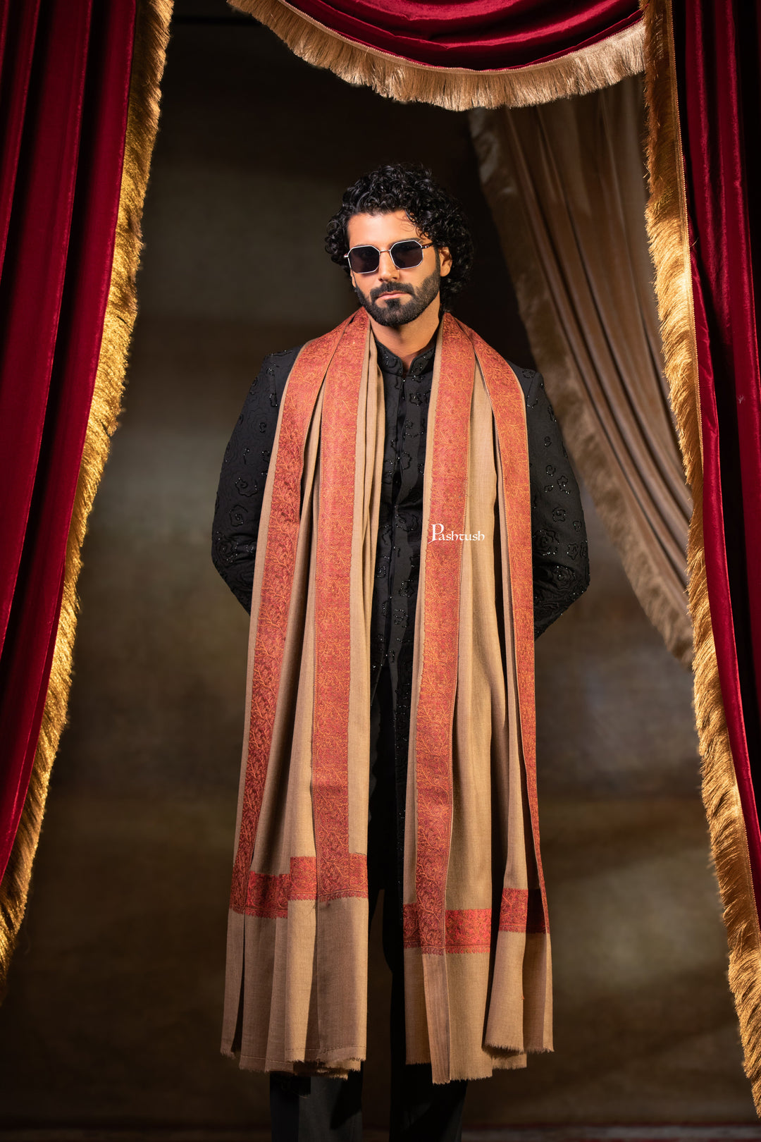 Pashtush Mens Fine Wool Shawl, Border Design Embroidery, Taupe
