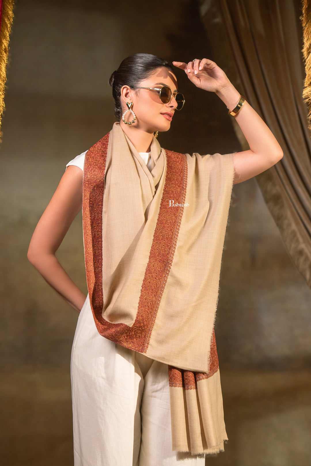 Pashtush Womens Extra Fine Wool Shawl, Challa Daur Design, Beige