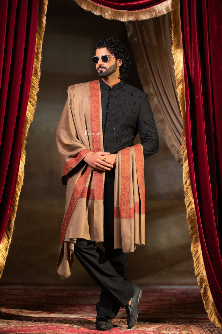 Pashtush Mens Fine Wool Shawl, Border Design Embroidery, Taupe