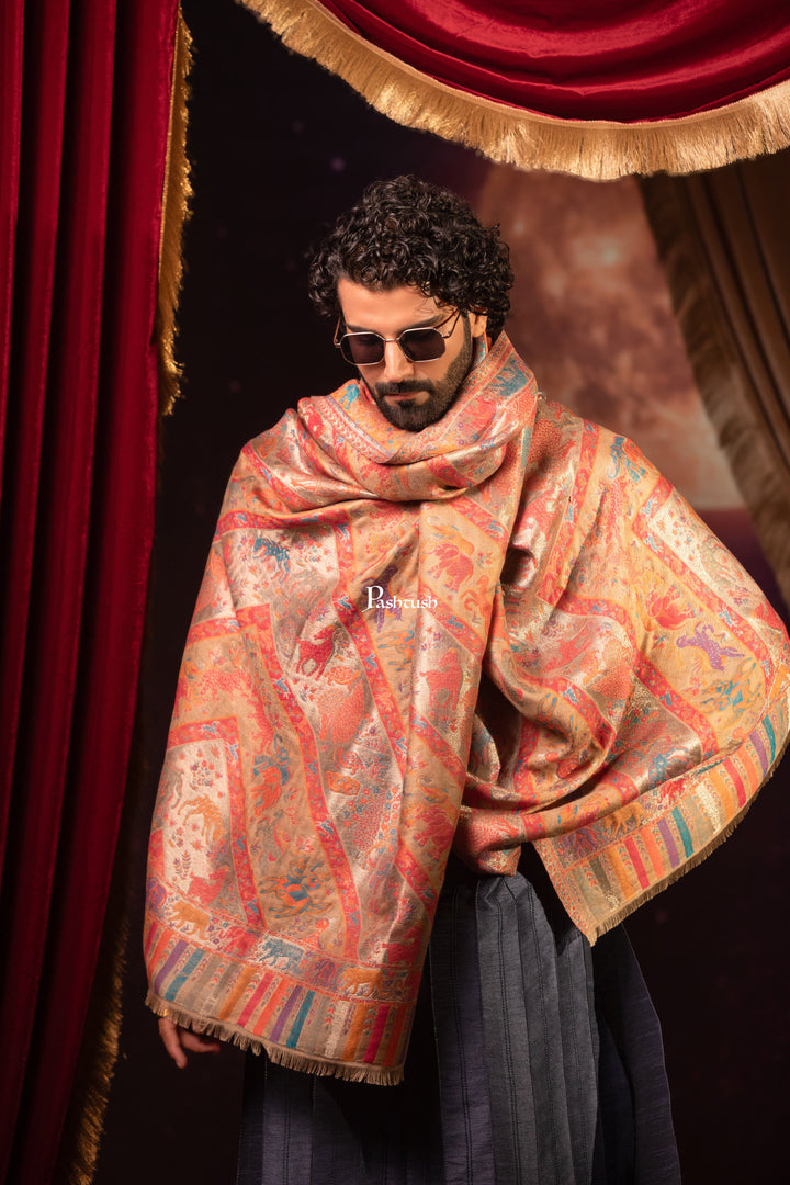 Pashtush Mens Faux Pashmina Stole, Zari Design, Multicoloured