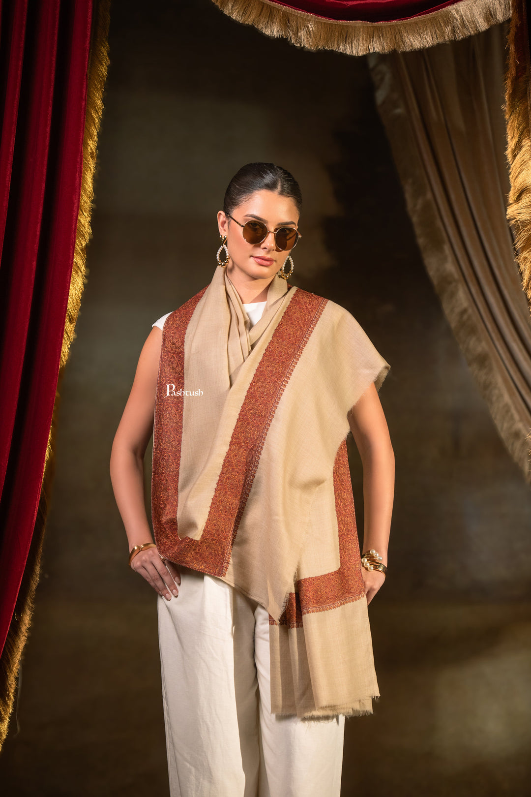 Pashtush Womens Extra Fine Wool Shawl, Challa Daur Design, Beige
