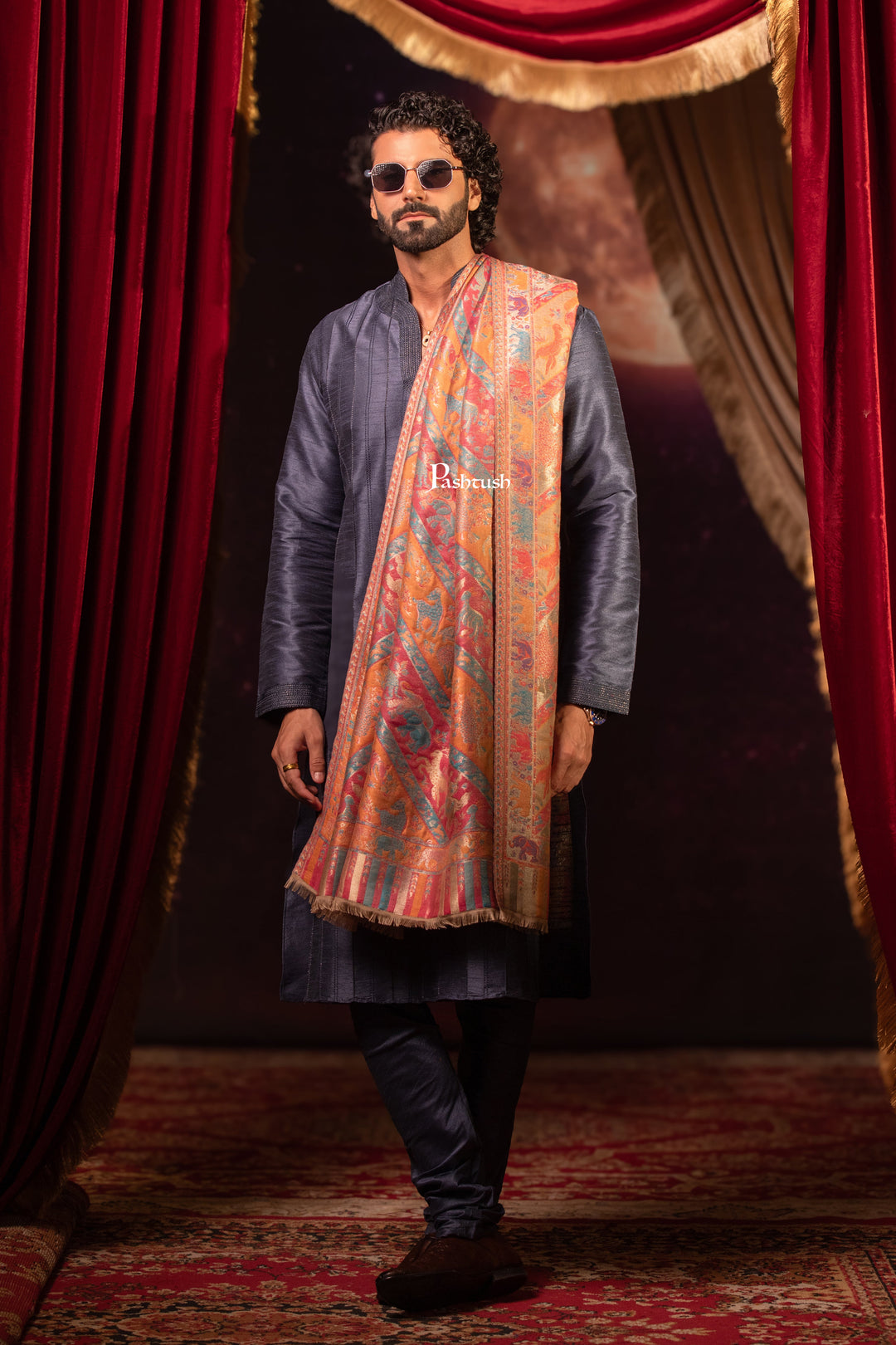 Pashtush Mens Faux Pashmina Stole, Zari Design, Multicoloured