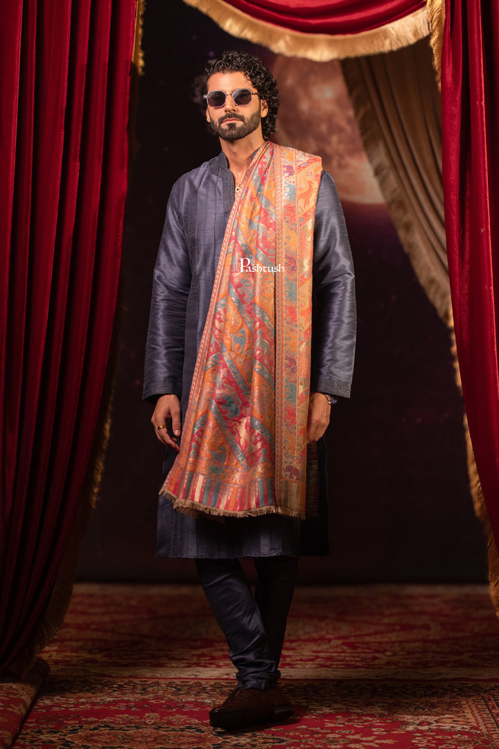 Pashtush Mens Faux Pashmina Stole, Zari Design, Multicoloured