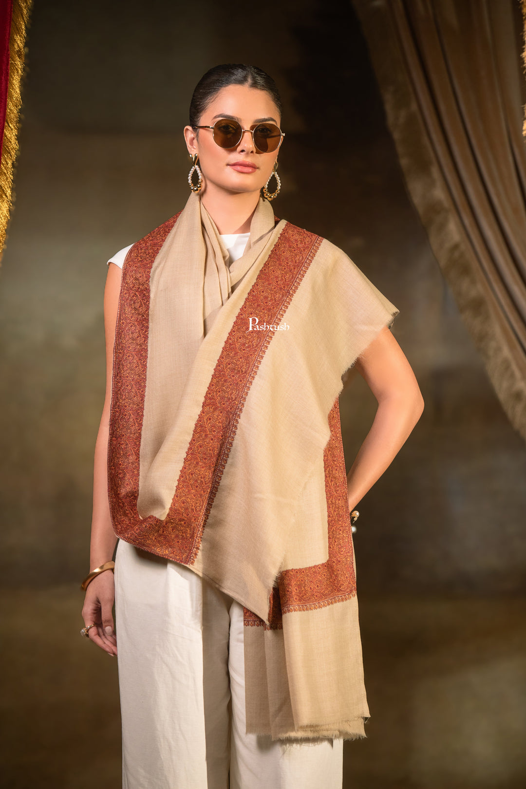 Pashtush Womens Extra Fine Wool Shawl, Challa Daur Design, Beige