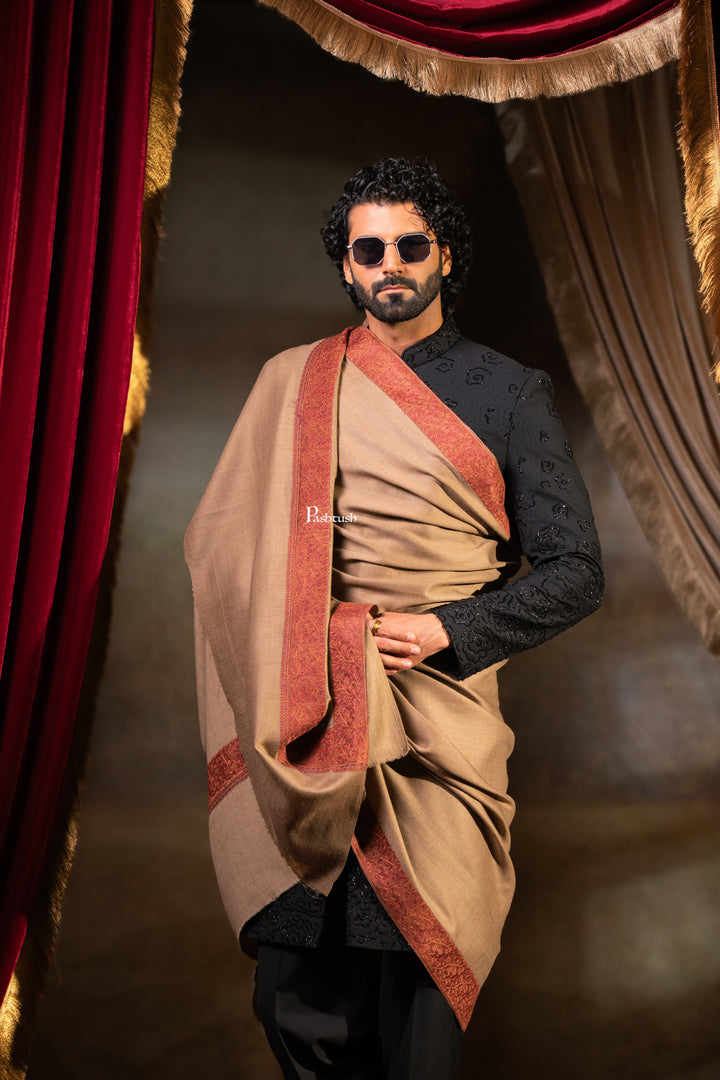 Pashtush Mens Fine Wool Shawl, Border Design Embroidery, Taupe