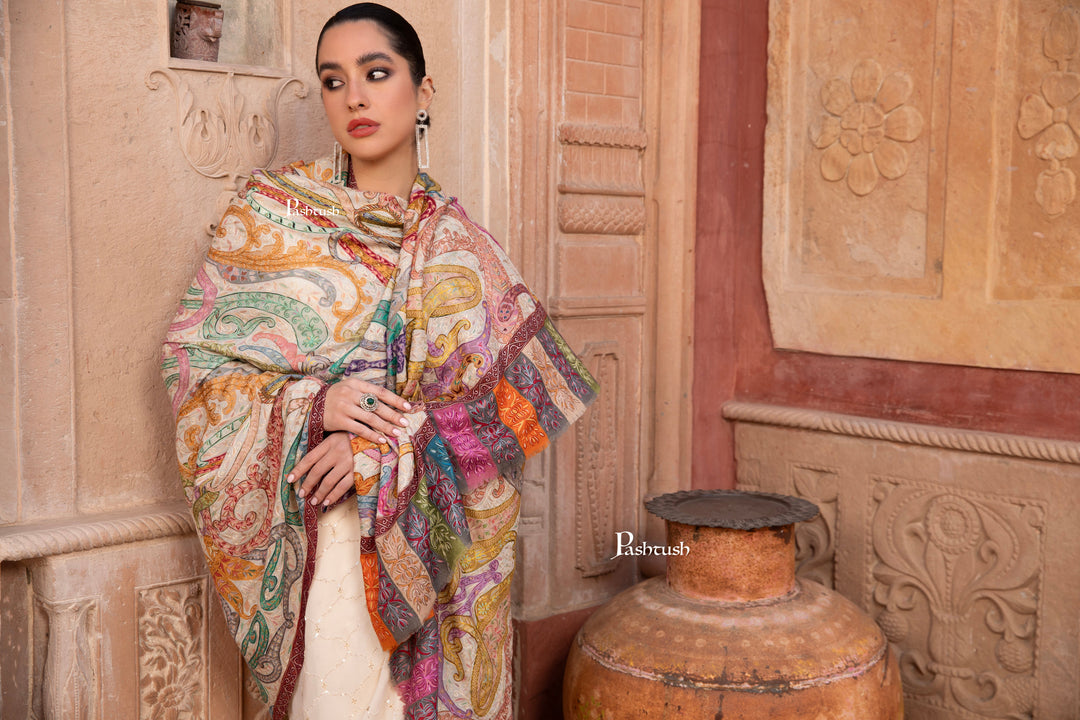 Pashtush Womens Kalamkari Shawl with Hand Embroidered Outline, Fine Wool, Dreamy Pastels