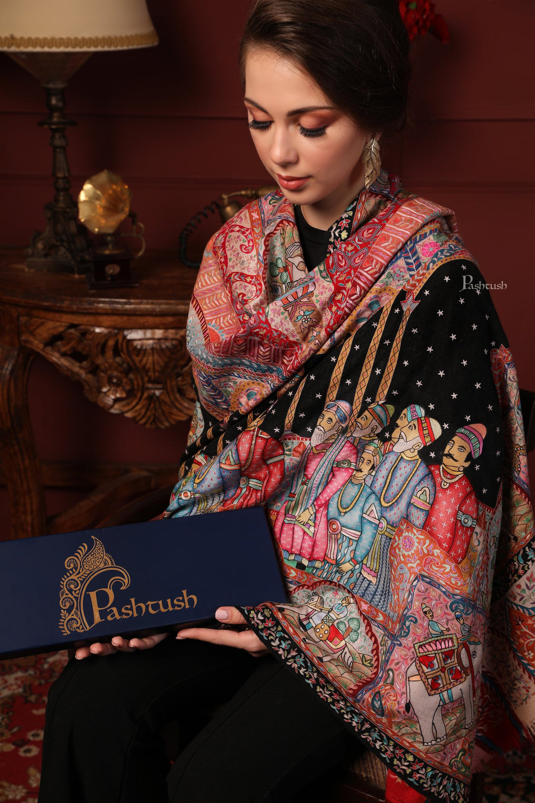 PASHTUSH WOMEN'S Pure Pashmina, 100% HAND EMBROIDERED, Royal DARBAR Shawl