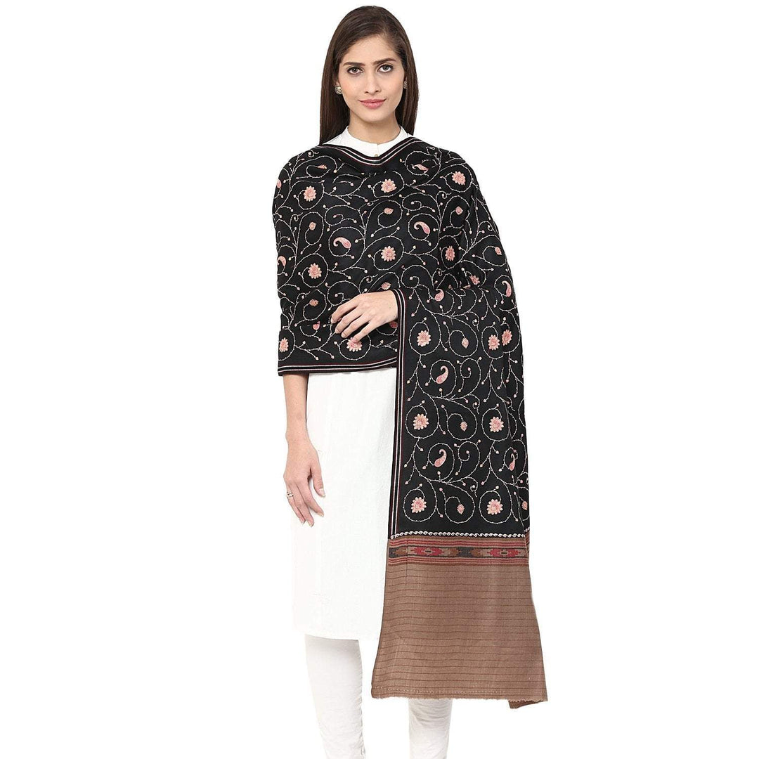 Pashtush India shawls Pashtush Women's Full Jaal Embroidery black with coffee palla ( Black)