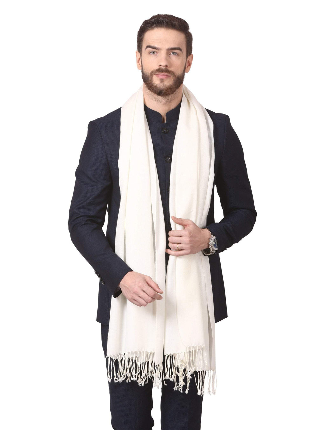 Pashtush India 70x200 Mens Fine Wool Jacquard Muffler - Ivory