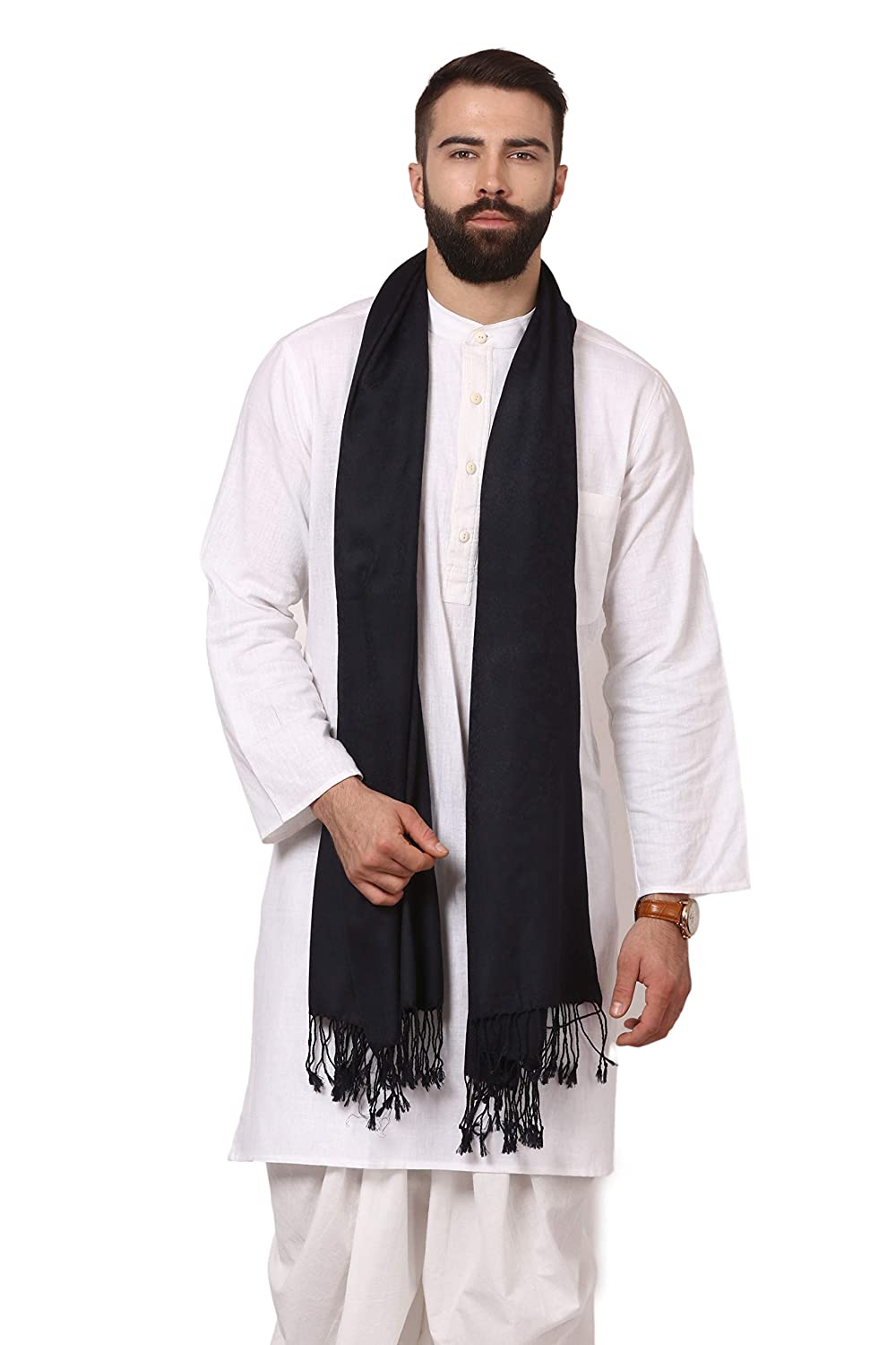 Pashtush India Stole Mens Fine Wool Jacquard Scarf - Rich Black