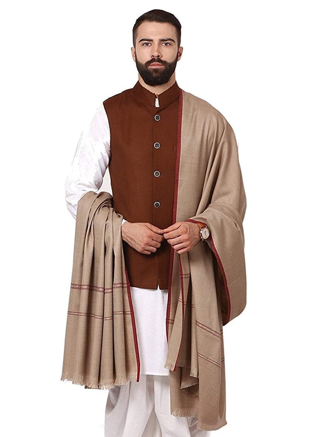 Pashtush India 127x254 Pashtush Mens Thick Shawl Gents Lohi Woven Kinauri Design, Beige