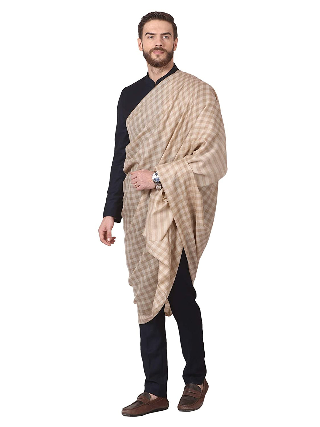 Pashtush India 114x228 Pashtush Mens Woven Check Shawl, Ultra-Light Weight - Fine Wool, Medium, Herringbone Checks