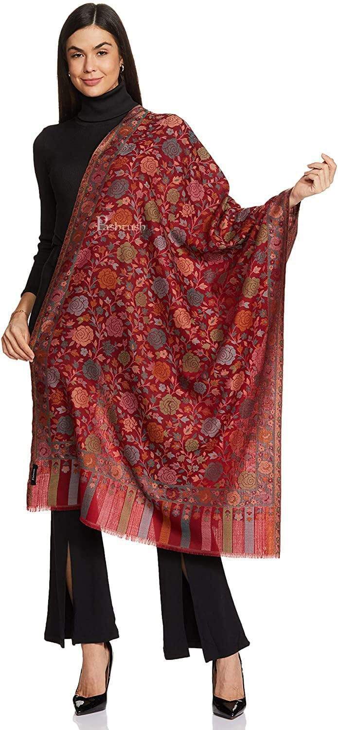 Pashtush Shawl Store Pashtush Women's Jacquard Kaani light weight floral Stole , Maroon