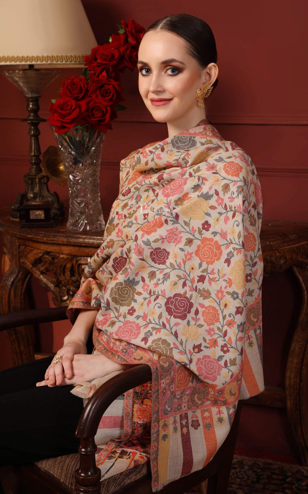 Pashtush Shawl Store 70x200 Pashtush Women's Jacquard Kaani light weight floral Stole , Multi-coloured