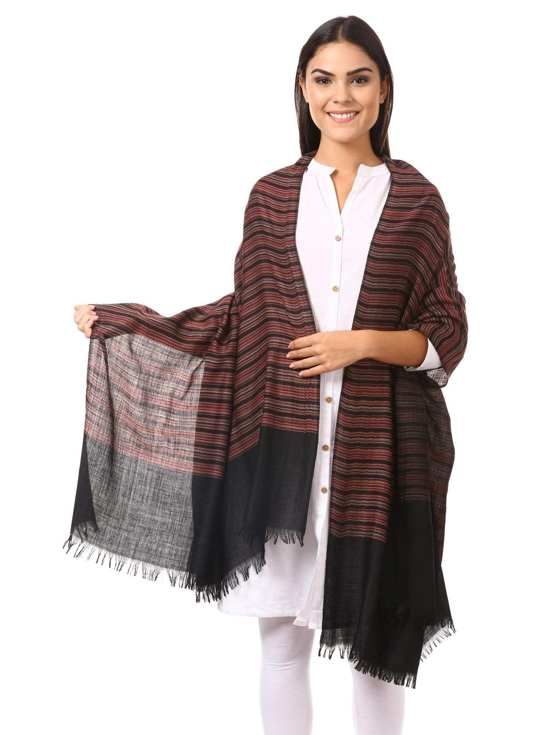 Pashtush India 100x200 Pashtush Women's Shawl, Fine Wool, Striped Design, Faux Pashmina, Soft and Warm, Black