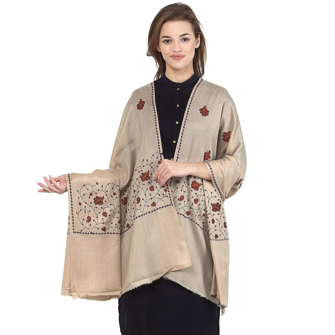 Pashtush India Shawl Pashtush Womens Embroidered Wool Shawl, Light Beige Colour, With Booti Motif and Jaal Palla