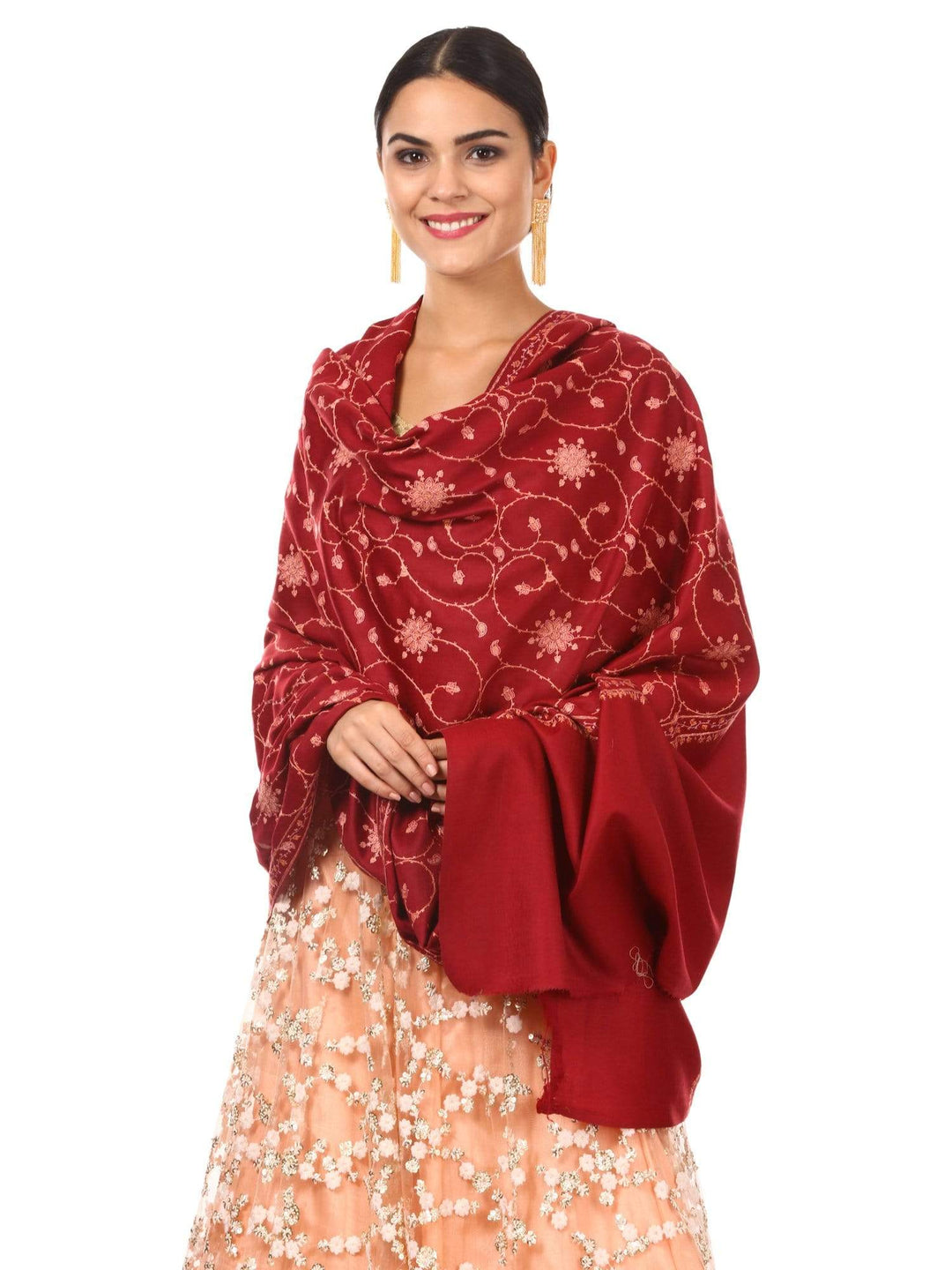 Pashtush India Shawl Pashtush Womens Kashmiri Embroidery Jaal, Fine Wool, Maroon