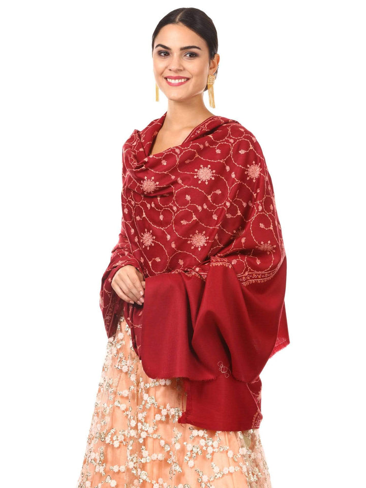 Pashtush India Shawl Pashtush Womens Kashmiri Embroidery Jaal, Fine Wool, Maroon
