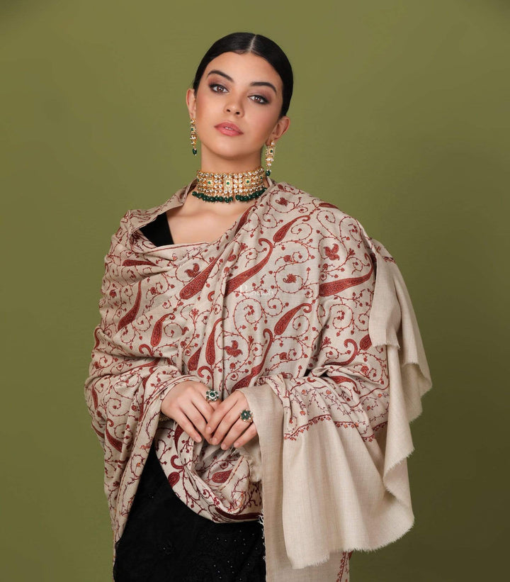 Pashtush India Shawl Pashtush Womens Kashmiri Jaal Embroidery Shawl, Hand Embroidered, Large Size, Natural Beige