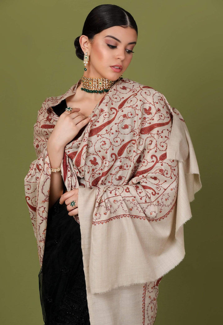 Pashtush India Shawl Pashtush Womens Kashmiri Jaal Embroidery Shawl, Hand Embroidered, Large Size, Natural Beige
