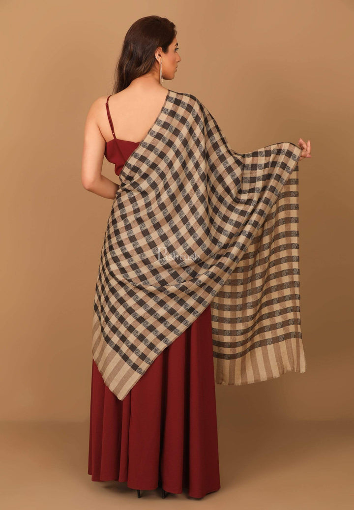 Pashtush India Stole Pashtush Womens Luxury Wool Checkered Scarf,  Reversible, Extra-Fine, Black and Beige