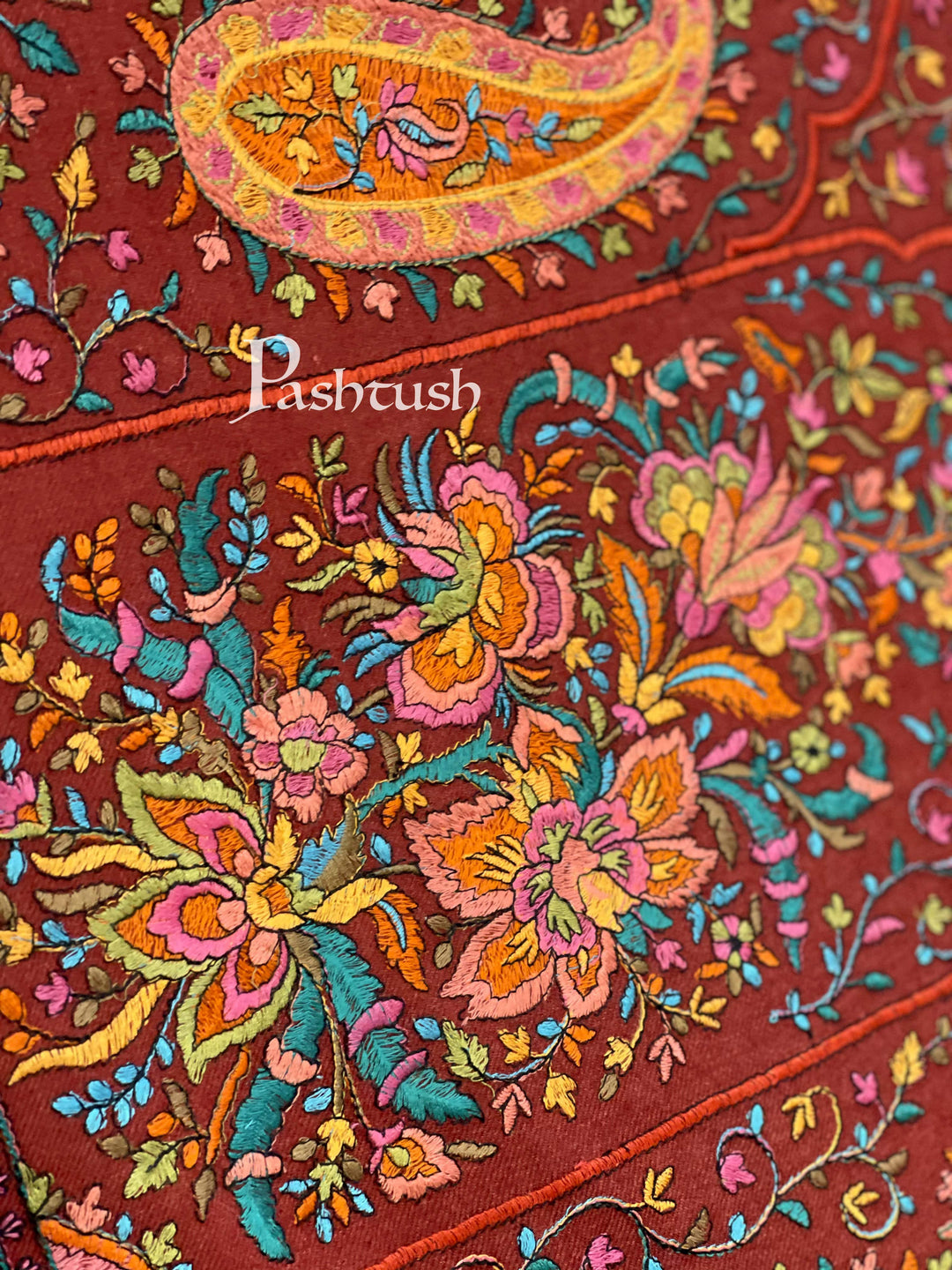 Pashtush India 100x200 Pashtush Womens Papier-mâché Embroidered Shawl, Fine Wool with Silky Embroidery, Maroon