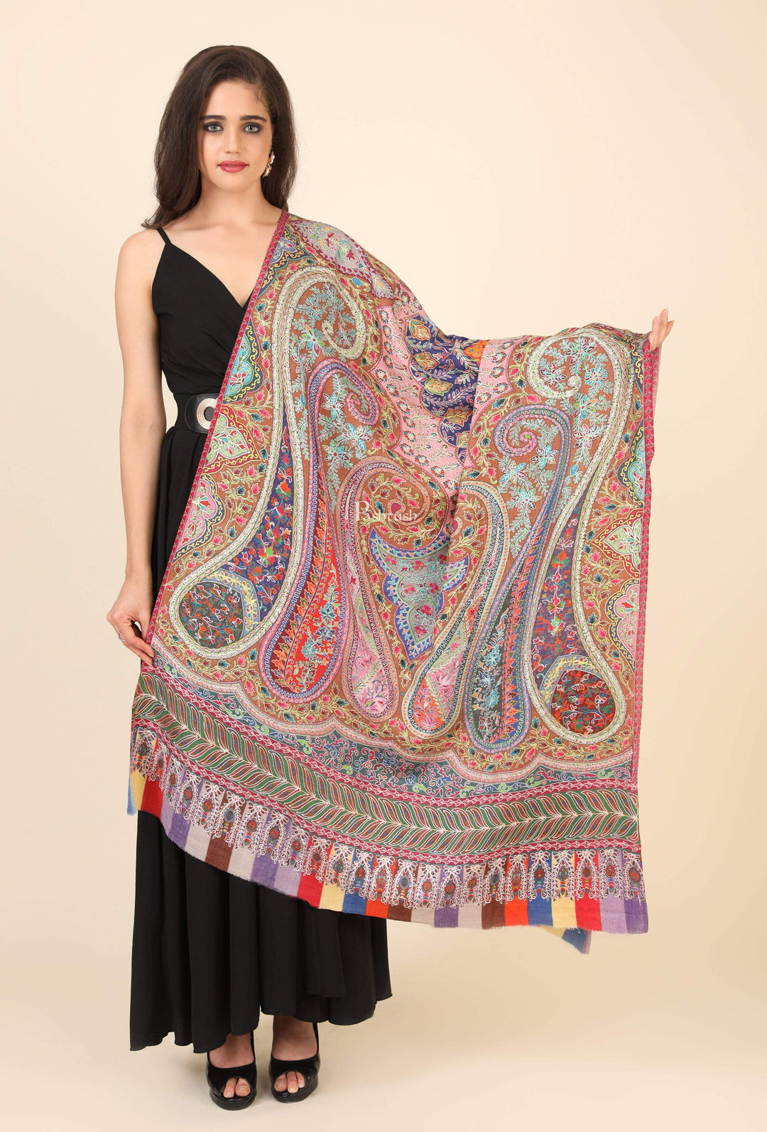 Pashtush India 100x200 Pashtush Womens Pure Wool, Hand Embroidered Kalamkari Shawl, With Woolmark Certificate