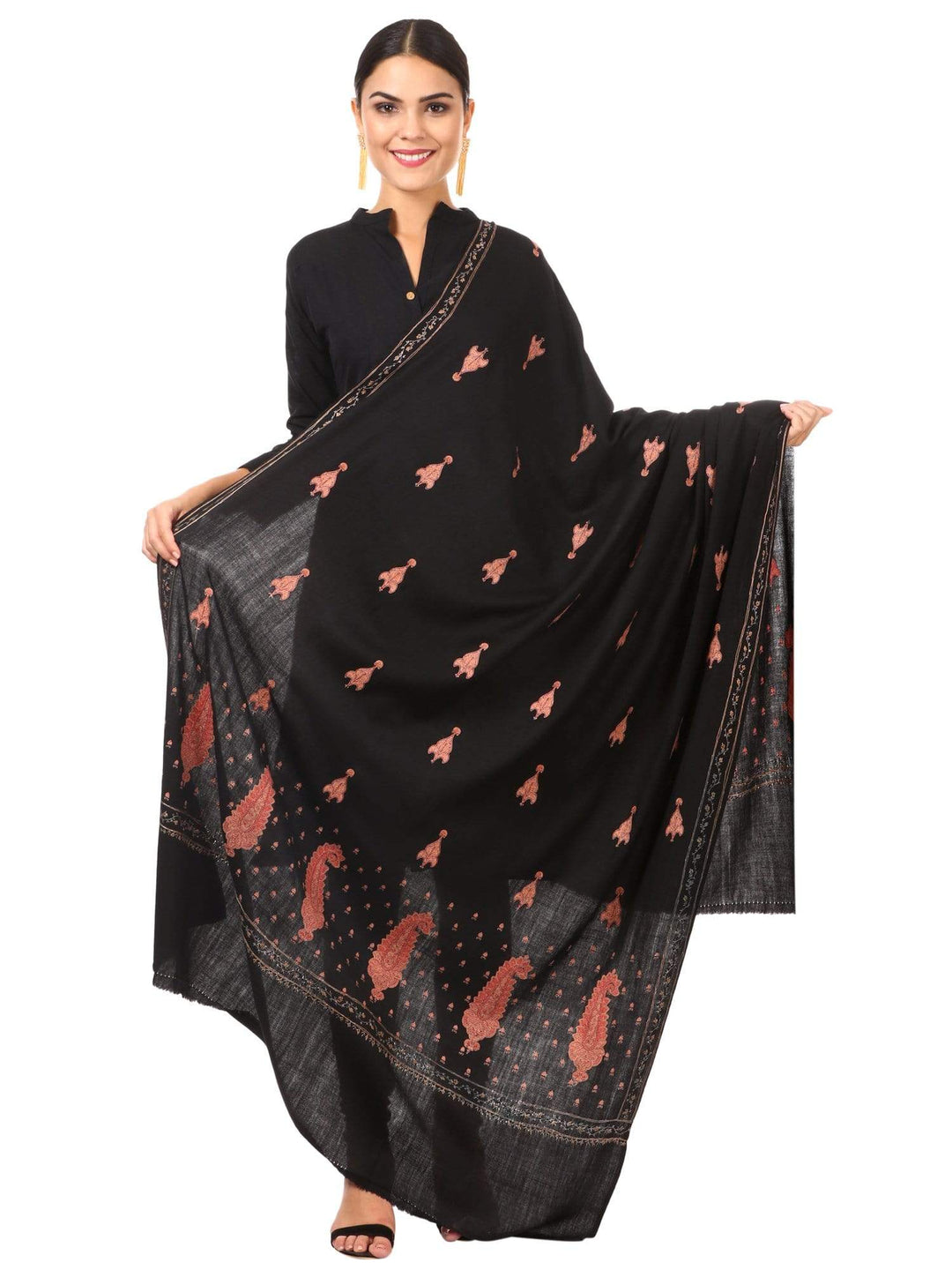 Pashtush Shawl Store Shawl Pashtush womens Pure Wool Kashmiri Embroidery Shawl Black