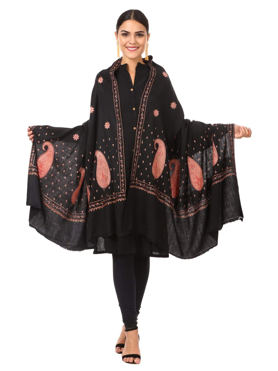 Pashtush Shawl Store Shawl Pashtush womens Pure Wool Kashmiri Embroidery Shawl Black
