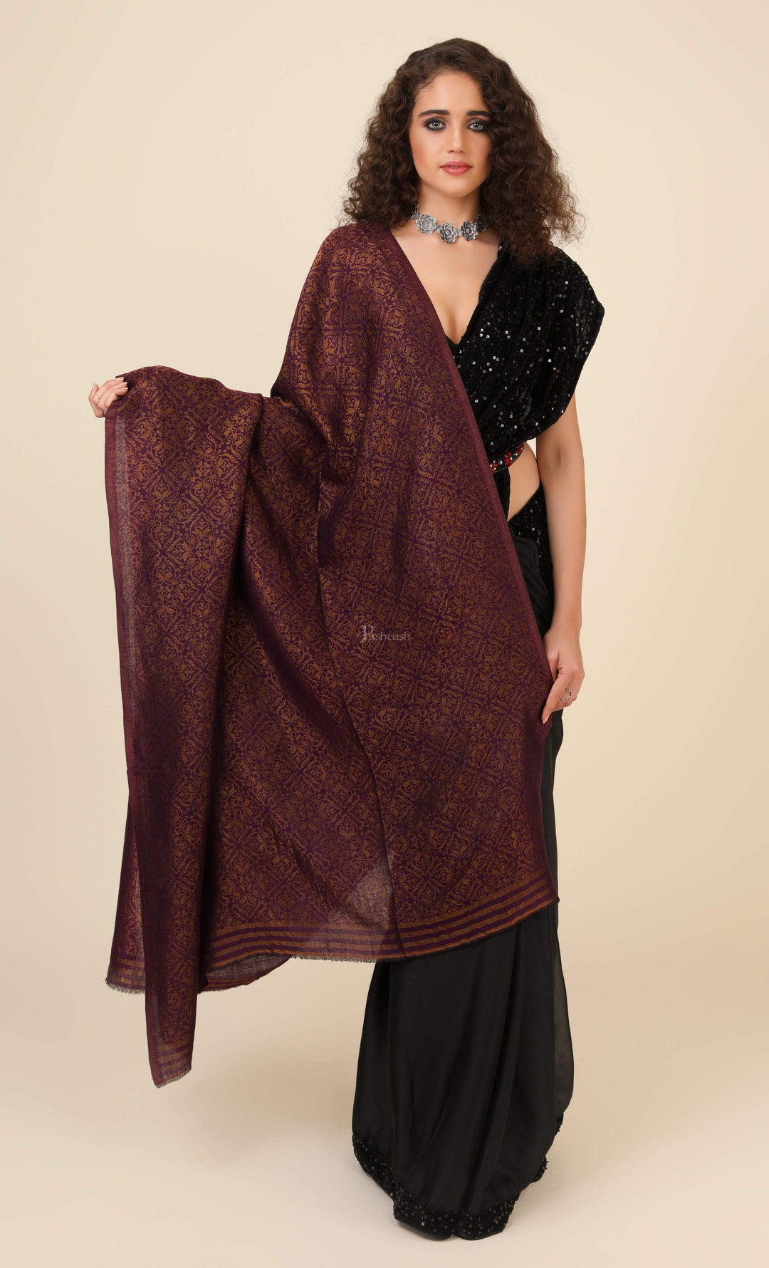 Pashtush India 100x200 Pashtush Womens Twilight Collection, Jacquard Shawl, With Metallic Thread Weave, Fine Wool
