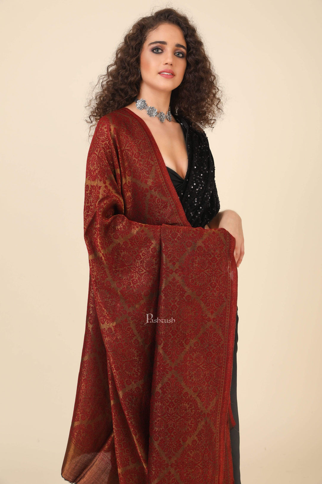 Pashtush India 100x200 Pashtush Womens Twilight Collection, Jacquard Stole, With Metallic Thread Weave, Fine Wool