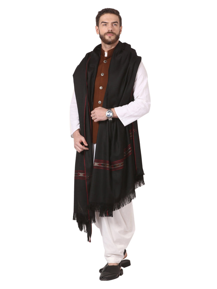 Pashtush India 100x200 Pashtush Woven Kullu Design Mens full size Shawl in extra fine wool -Black