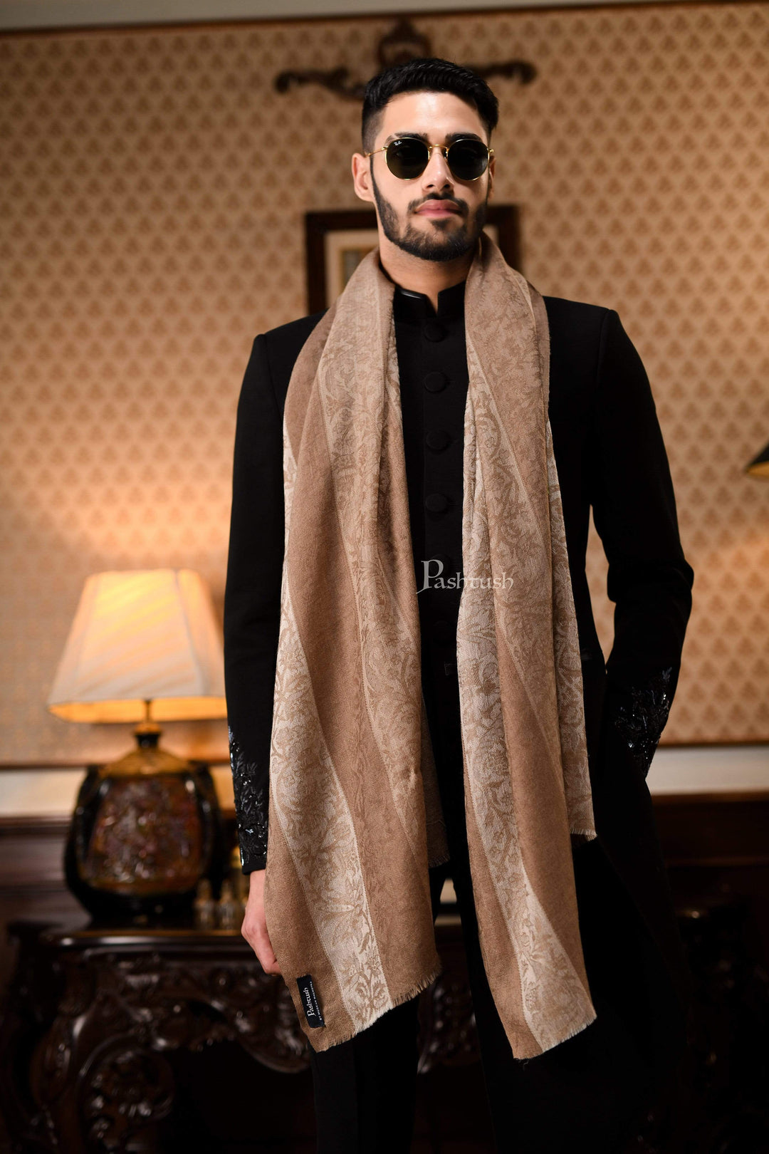 Pashtush India 70x200 Pashtush Woven Mens Stole, Subtle Striped Design, Mens Muffler, Warm Cashmere Feel (Beige)