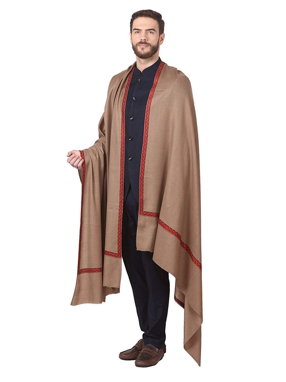 Pashtush Mens Shawl, Embroidery Haashia Dushala, Taupe – Pashtush