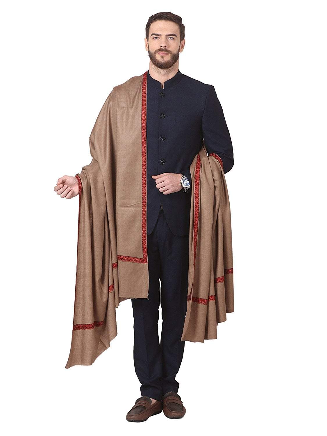 Pashtush Mens Shawl, Embroidery Haashia Dushala, Taupe – Pashtush
