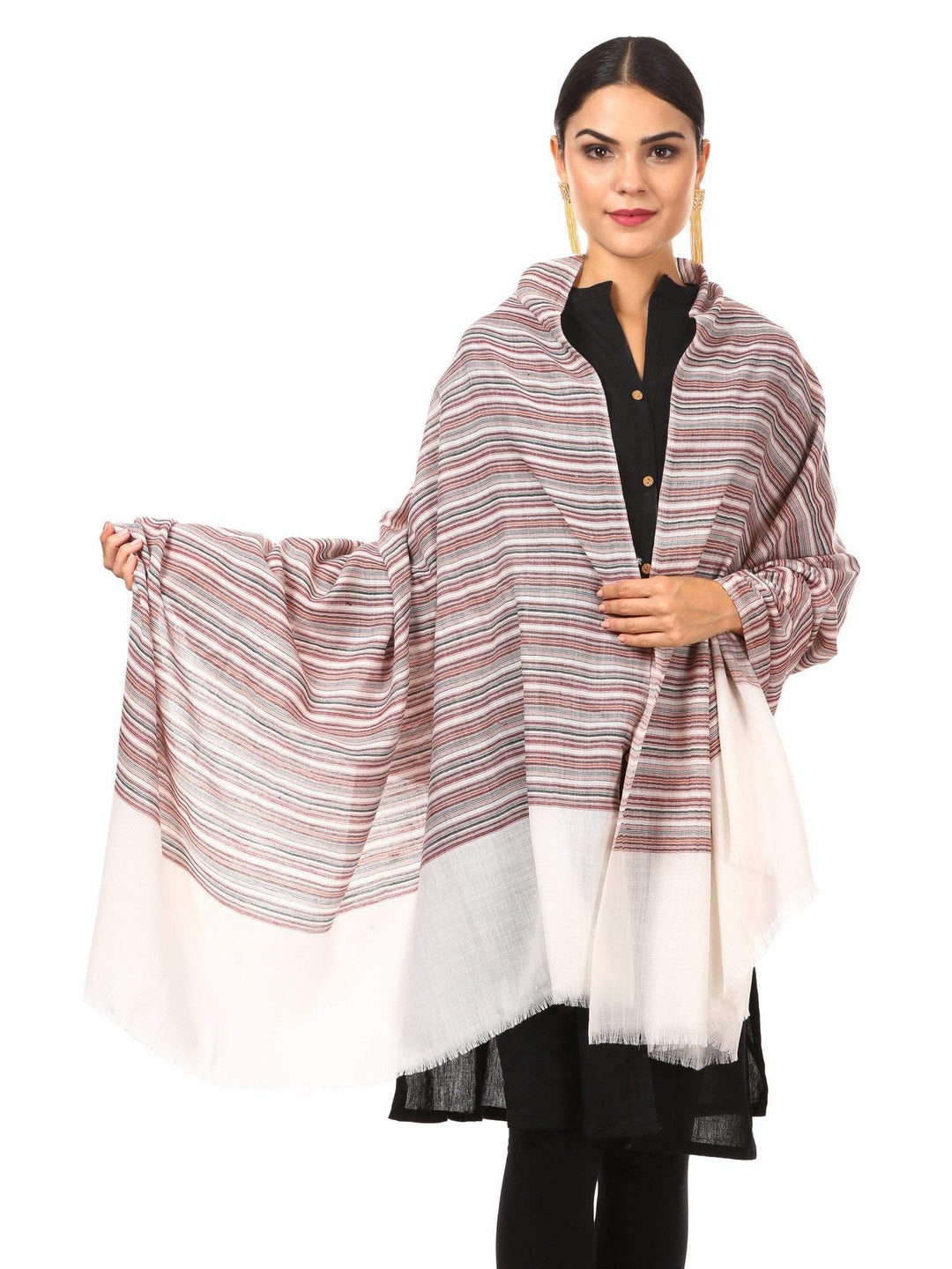 Pashtush Shawl Store Shawl Women's Fine Wool Striped Shawl, Australian Merino Wool - White