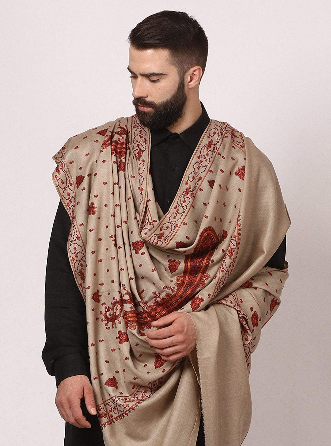 Pashtush Store Pashtush Mens Embroidery Shawl, Gents Pashmina Shawls, Handmade Embroidery, Full Size 48x95 inches