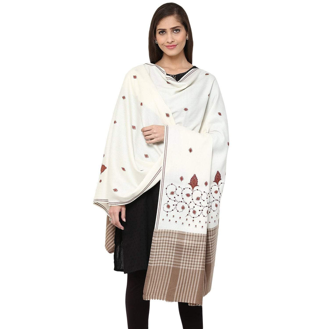 Pashtush Store Pashtush Women's embroidered Wool Shawl white with check palla