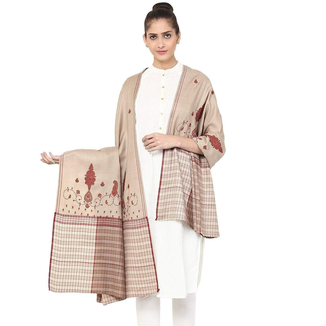 Pashtush Store Pashtush Women's Embroidered Wool Shawl with check shaded palla
