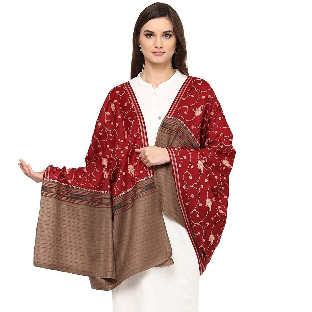 Pashtush Store Pashtush Women's Wool Shawl Maroon Jaal embroidery with Coffee palla