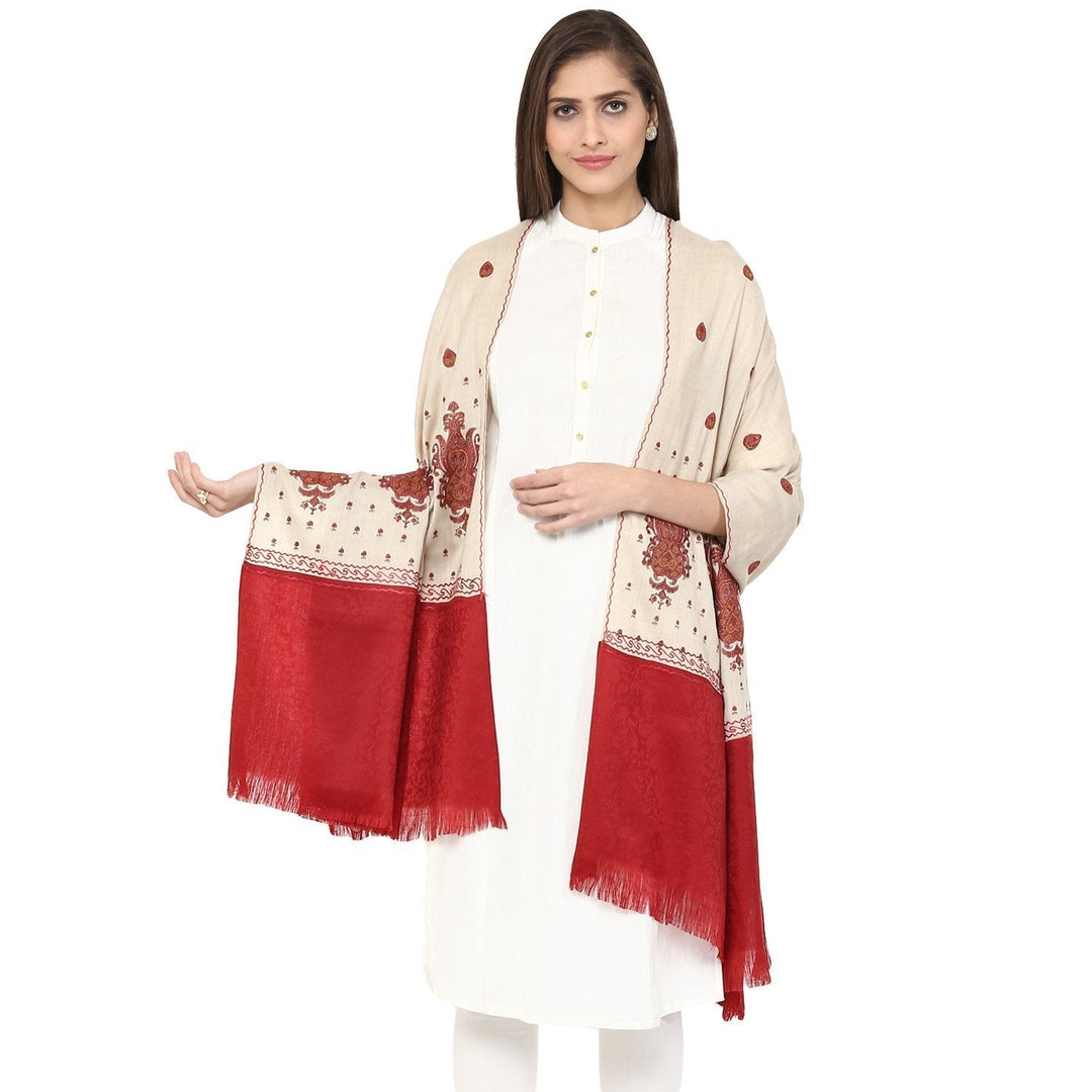 Pashtush Store Pashtush Women's Wool Shawl red palla white Jaal Embroidey